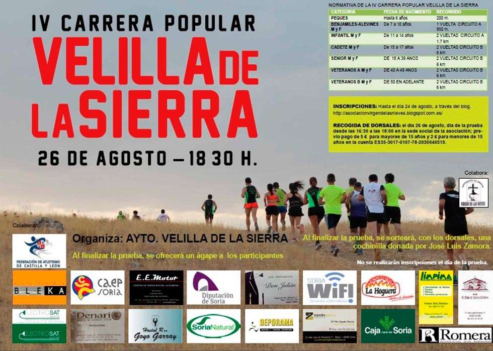La carrera popular de Velilla de la Sierra será el 26 de agosto