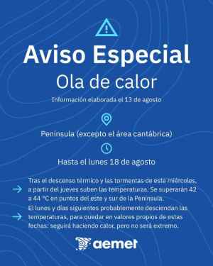 Aemet emite aviso especial ante ola de calor que continuará hasta el lunes Aemet emite aviso especial ante ola de calor que continuará hasta el lunes