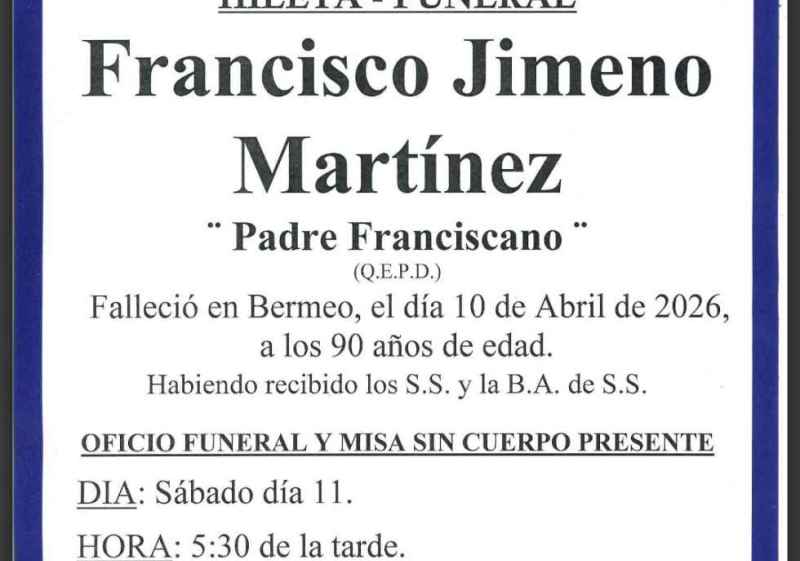 Fallece en Bermeo el franciscano Francisco Jimeno