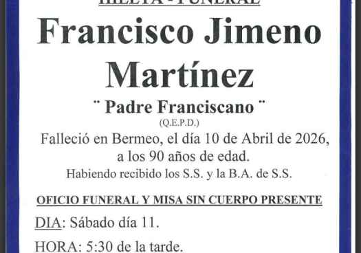 Fallece en Bermeo el franciscano Francisco Jimeno