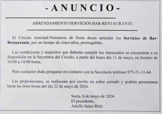 El Casino de Soria arrienda los servicios de bar-restaurante