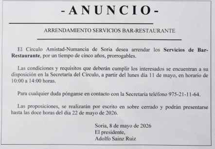 El Casino de Soria arrienda los servicios de bar-restaurante