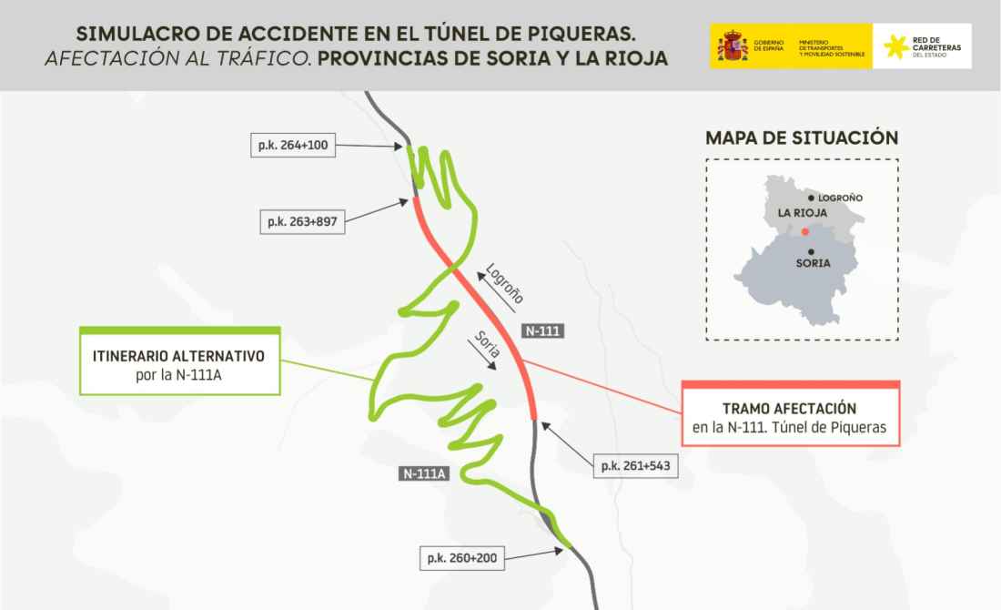 Simulacro de accidente en el túnel de Piqueras de la N-111 entre Soria y La Rioja 