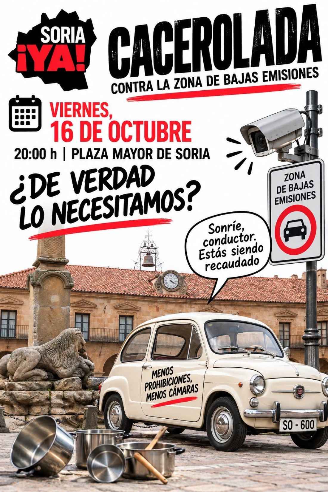 Soria ¡Ya! convoca cacerolada el 16 de octubre para protestar por Zona de Bajas Emisiones